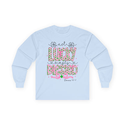 Long Sleeve Tee — "Not Lucky, Simply Blessed" Floral Christian Graphic