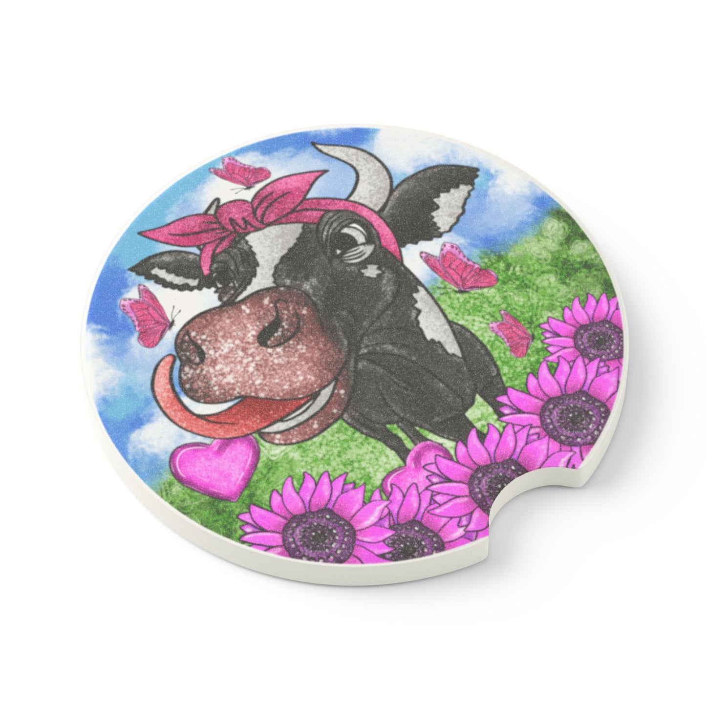Cow Floral Car Coaster — Cute Cow with Sunflowers Soapstone Drink Holder
