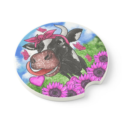 Cow Floral Car Coaster — Cute Cow with Sunflowers Soapstone Drink Holder