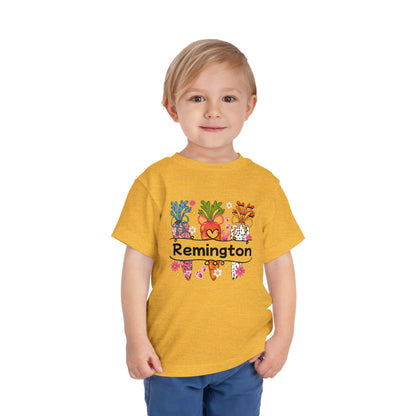 Personalized Toddler Tee — Colorful Easter Carrot Gnome Name Shirt (Remington)