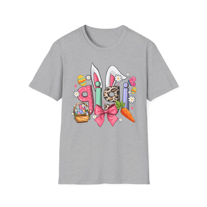 Easter Girl Bunny Tee – Floral Eggs, Carrot & Pink Bow Graphic T-Shirt