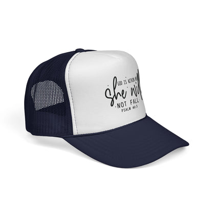 She Will Not Fail Trucker Cap – Psalm 46:5 Inspirational Christian Hat