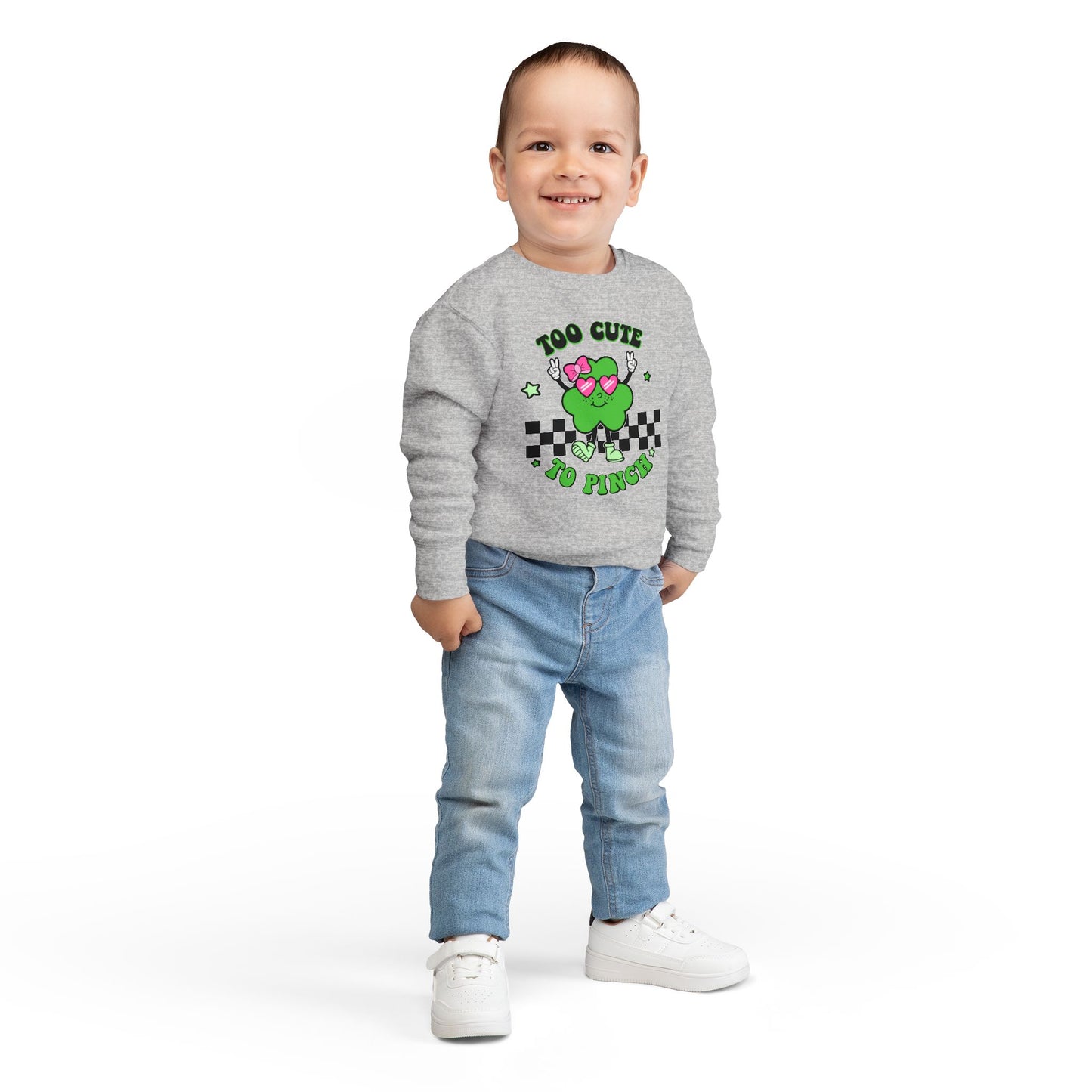 Toddler Sweatshirt — "Too Cute to Pinch" St. Patrick's Day Shamrock Crewneck