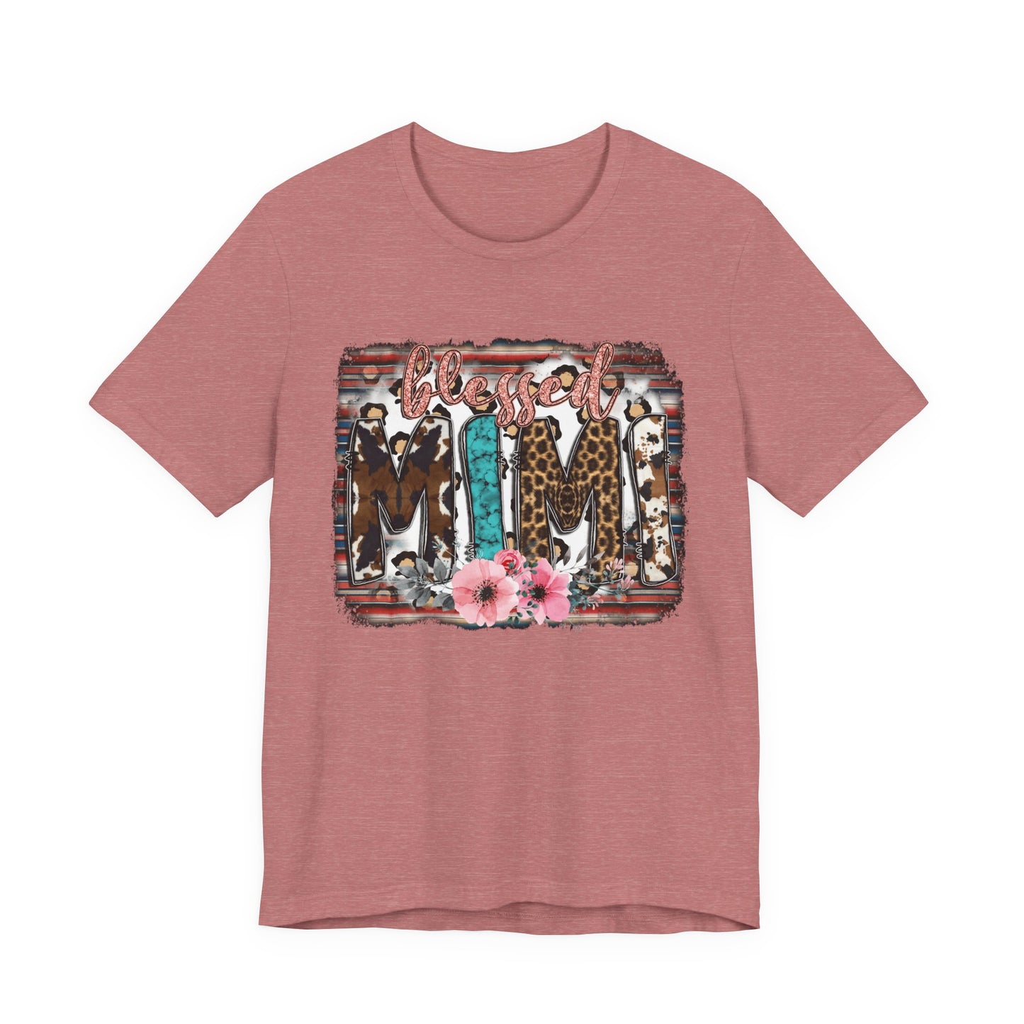 Mama Leopard & Western Floral T-Shirt — 'Mama' Graphic Tee with Cowhide, Turquoise & Pink Flowers
