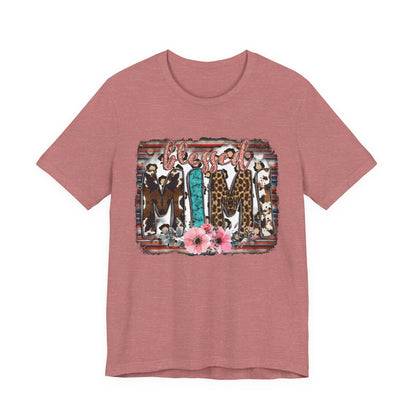 Mama Leopard & Western Floral T-Shirt — 'Mama' Graphic Tee with Cowhide, Turquoise & Pink Flowers
