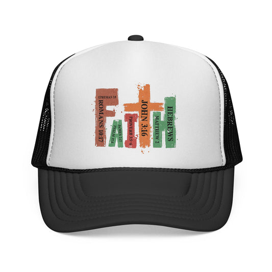 Christian Bible Verse Stack Trucker Cap — John 3:16, Romans, Hebrews Design