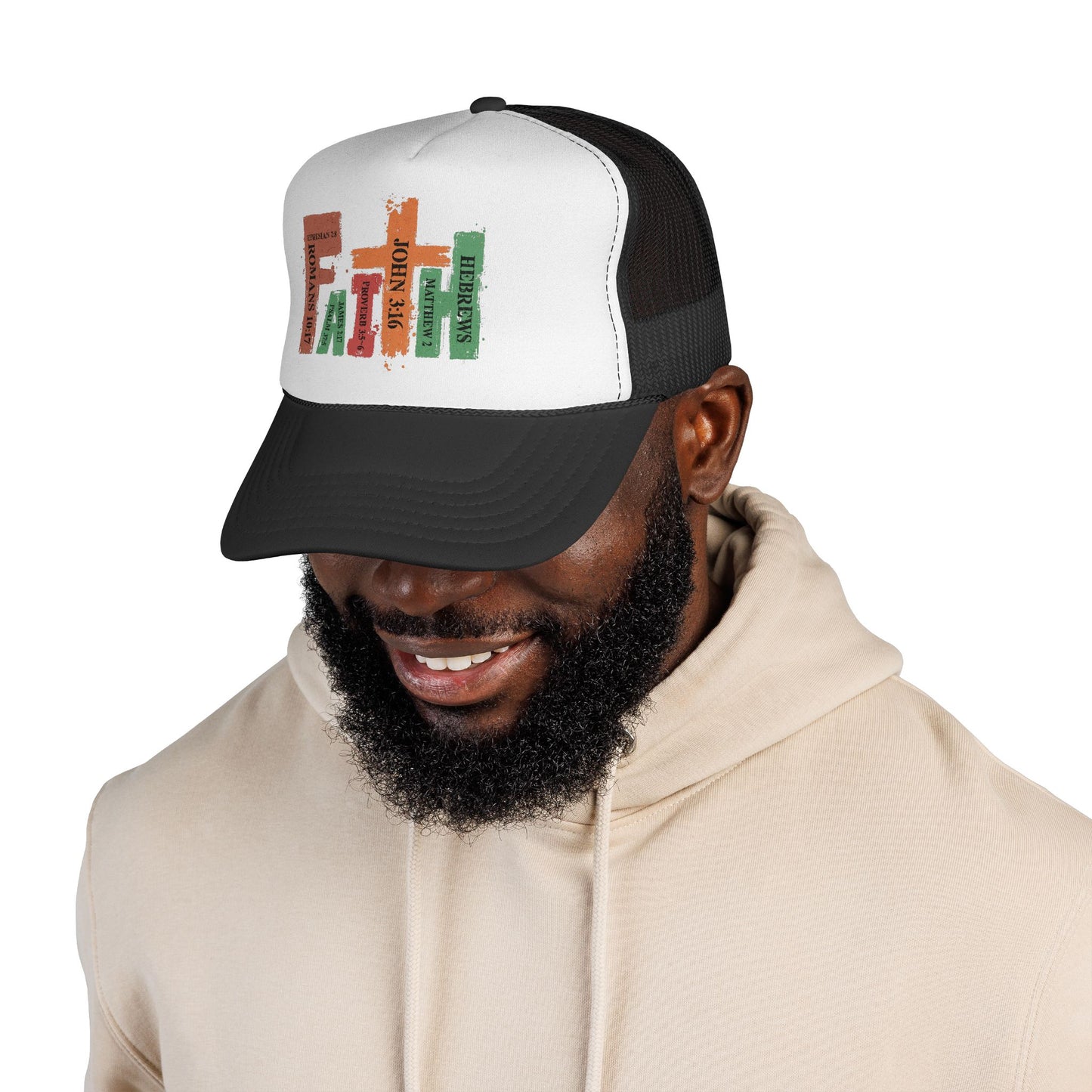 Christian Bible Verse Stack Trucker Cap — John 3:16, Romans, Hebrews Design