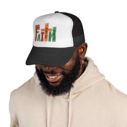 Christian Bible Verse Stack Trucker Cap — John 3:16, Romans, Hebrews Design
