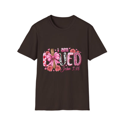 I Am Loved John 3:16 T-Shirt — Pink Floral Christian Faith Tee