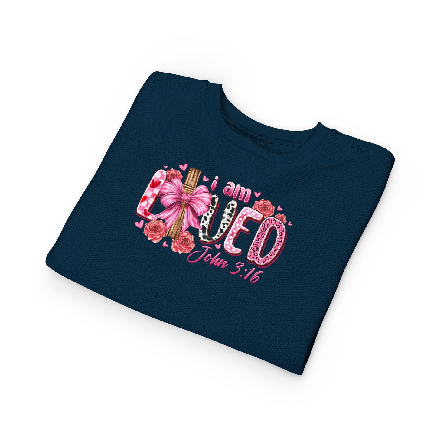 Toddler Sweatshirt - "I Am Loved" John 3:16 Pink Cross Faith Pullover