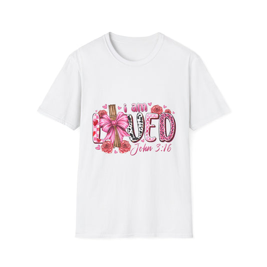 I Am Loved John 3:16 T-Shirt — Pink Floral Christian Faith Tee