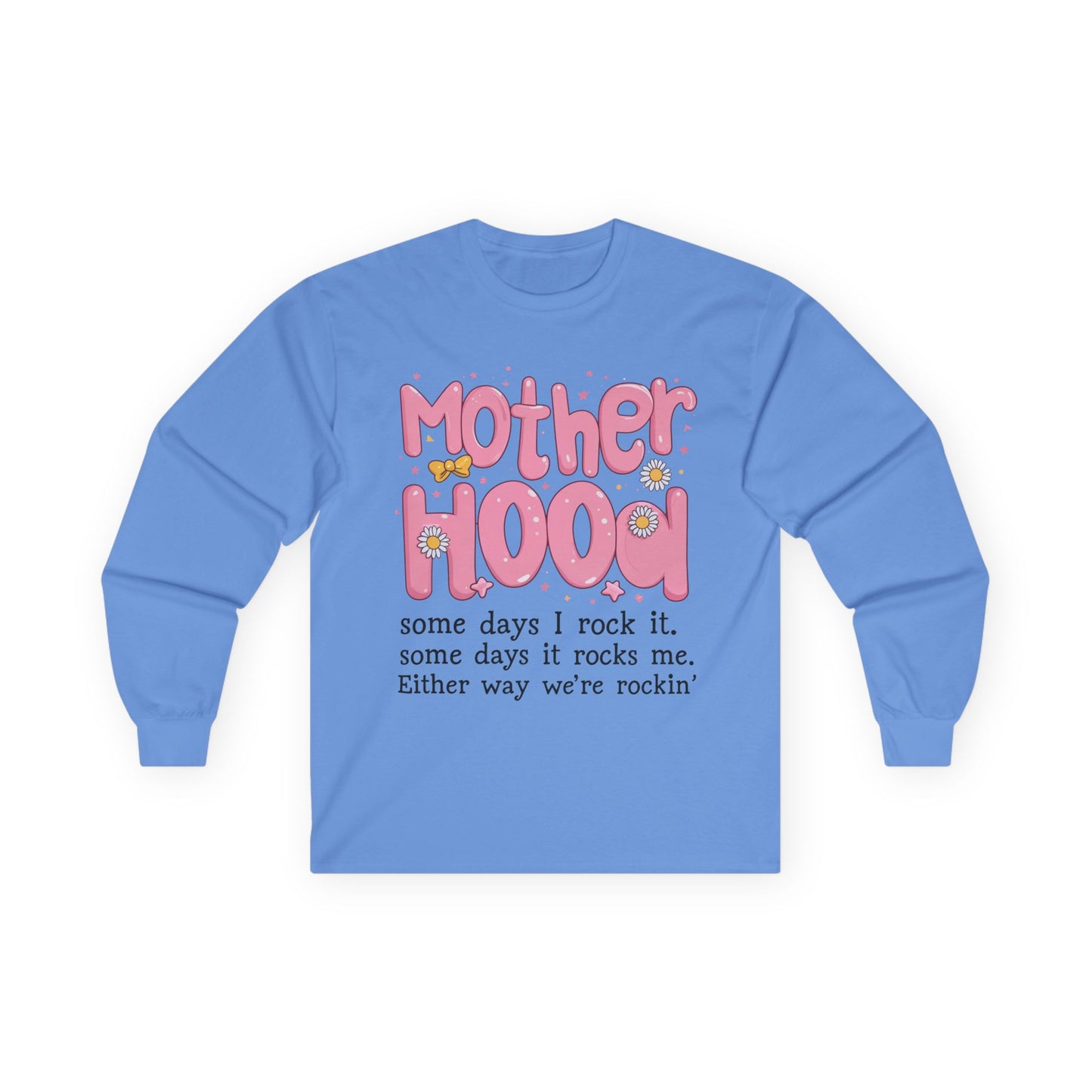 Motherhood Long Sleeve Tee — "Mother Hood" Cute Retro Graphic for New Moms & Mothers' Day