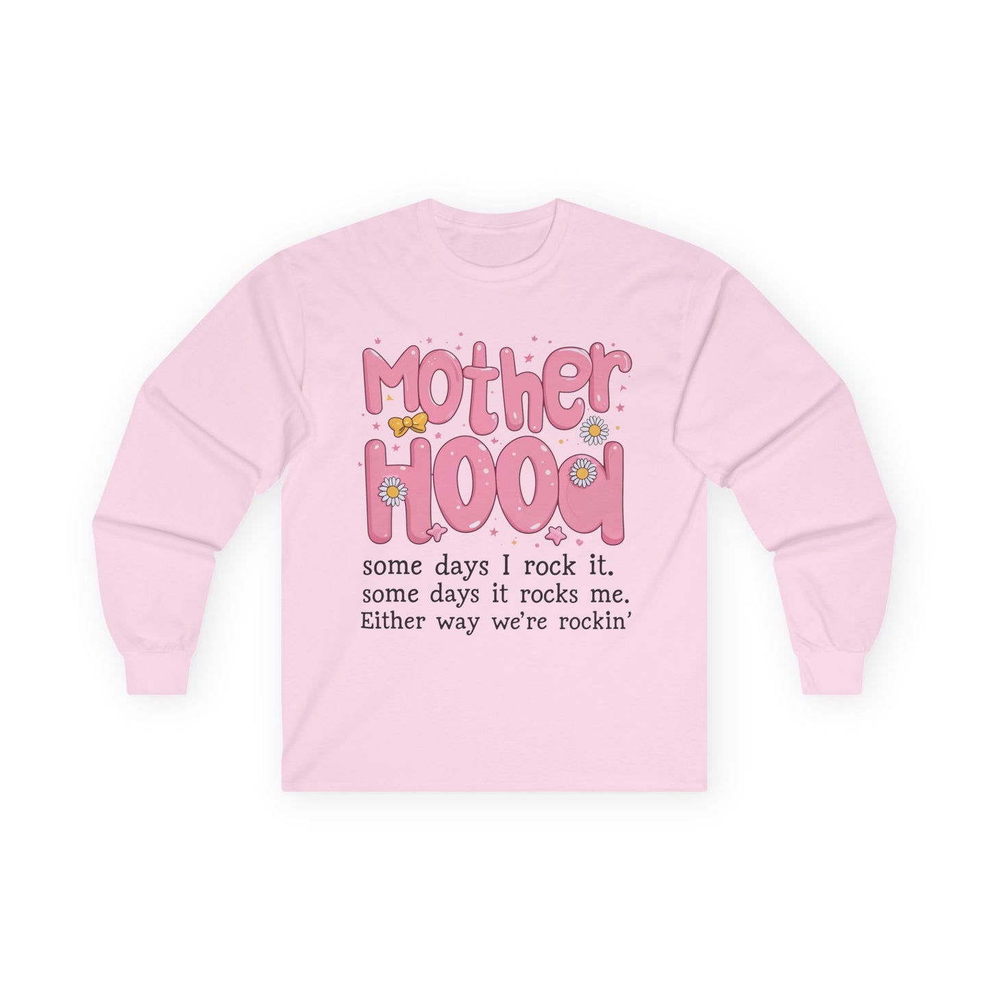 Motherhood Long Sleeve Tee — "Mother Hood" Cute Retro Graphic for New Moms & Mothers' Day
