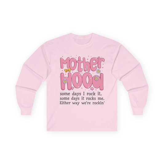 Motherhood Long Sleeve Tee — "Mother Hood" Cute Retro Graphic for New Moms & Mothers' Day