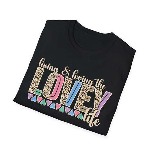 T-Shirt — Living the Lovey Life Graphic Tee (colorful leopard & pastel hearts)