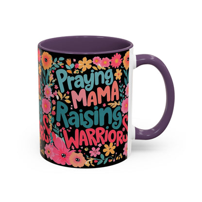 Coffee Mug — "Praying Mama, Raising Warriors" Floral Accent Mug (11/15oz)