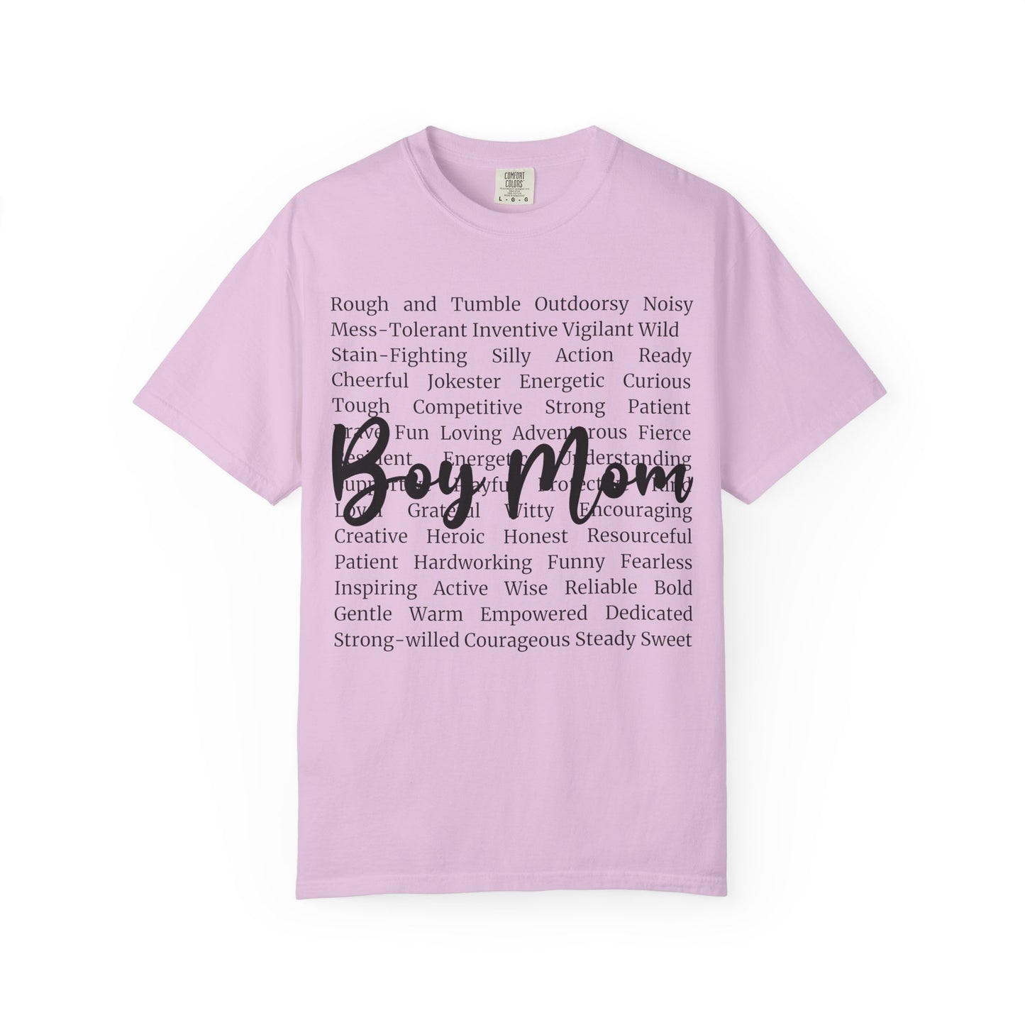 Boy Mom T‑Shirt — 'Boy Mom' Script over Positive Traits Tee COMFORT COLOR