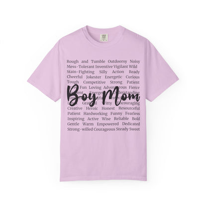 Boy Mom T‑Shirt — 'Boy Mom' Script over Positive Traits Tee COMFORT COLOR