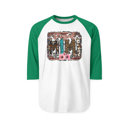 Cowgirl Trio Raglan Shirt - Western Cowgirl Leopard & Floral Graphic 3/4 Sleeve