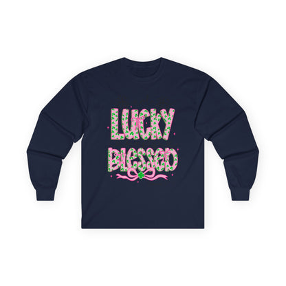 Long Sleeve Tee — "Not Lucky, Simply Blessed" Floral Christian Graphic