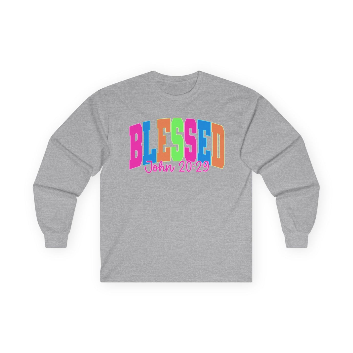 Blessed Long Sleeve Tee — Bright Colorblock 'BLESSED' with John 20:29