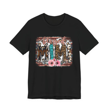 Mama Leopard & Western Floral T-Shirt — 'Mama' Graphic Tee with Cowhide, Turquoise & Pink Flowers