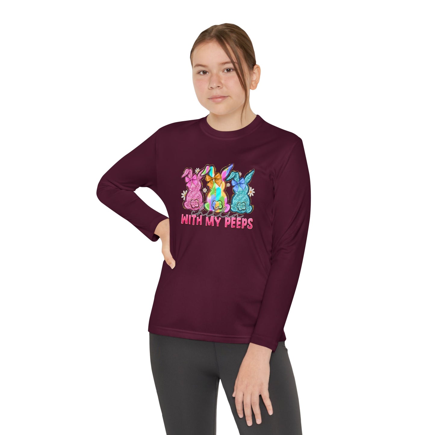 Youth Long Sleeve Tee — "With My Peeps" Colorful Easter Bunny Graphic