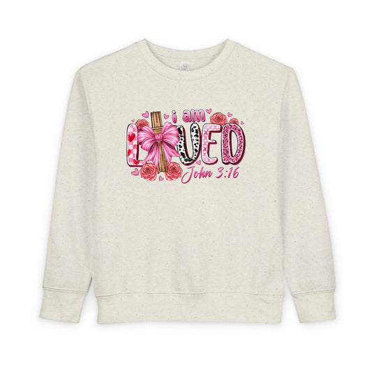Toddler Sweatshirt - "I Am Loved" John 3:16 Pink Cross Faith Pullover