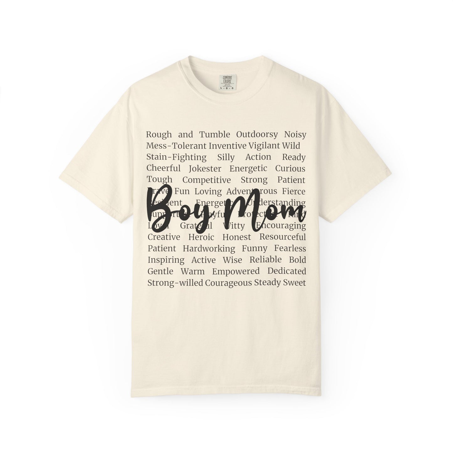 Boy Mom T‑Shirt — 'Boy Mom' Script over Positive Traits Tee COMFORT COLOR