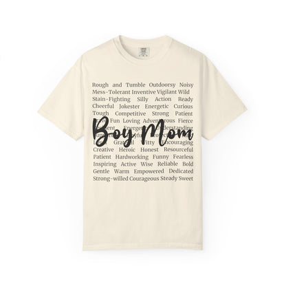 Boy Mom T‑Shirt — 'Boy Mom' Script over Positive Traits Tee COMFORT COLOR