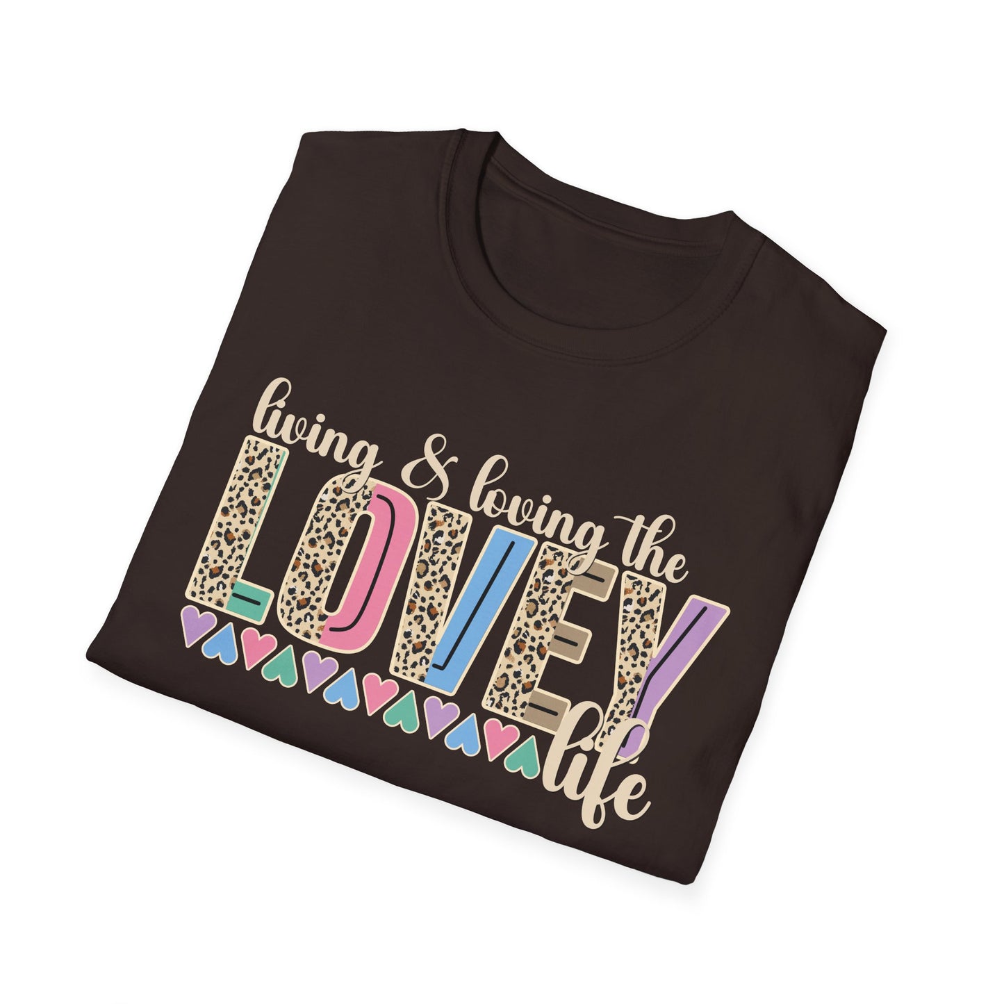 T-Shirt — Living the Lovey Life Graphic Tee (colorful leopard & pastel hearts)