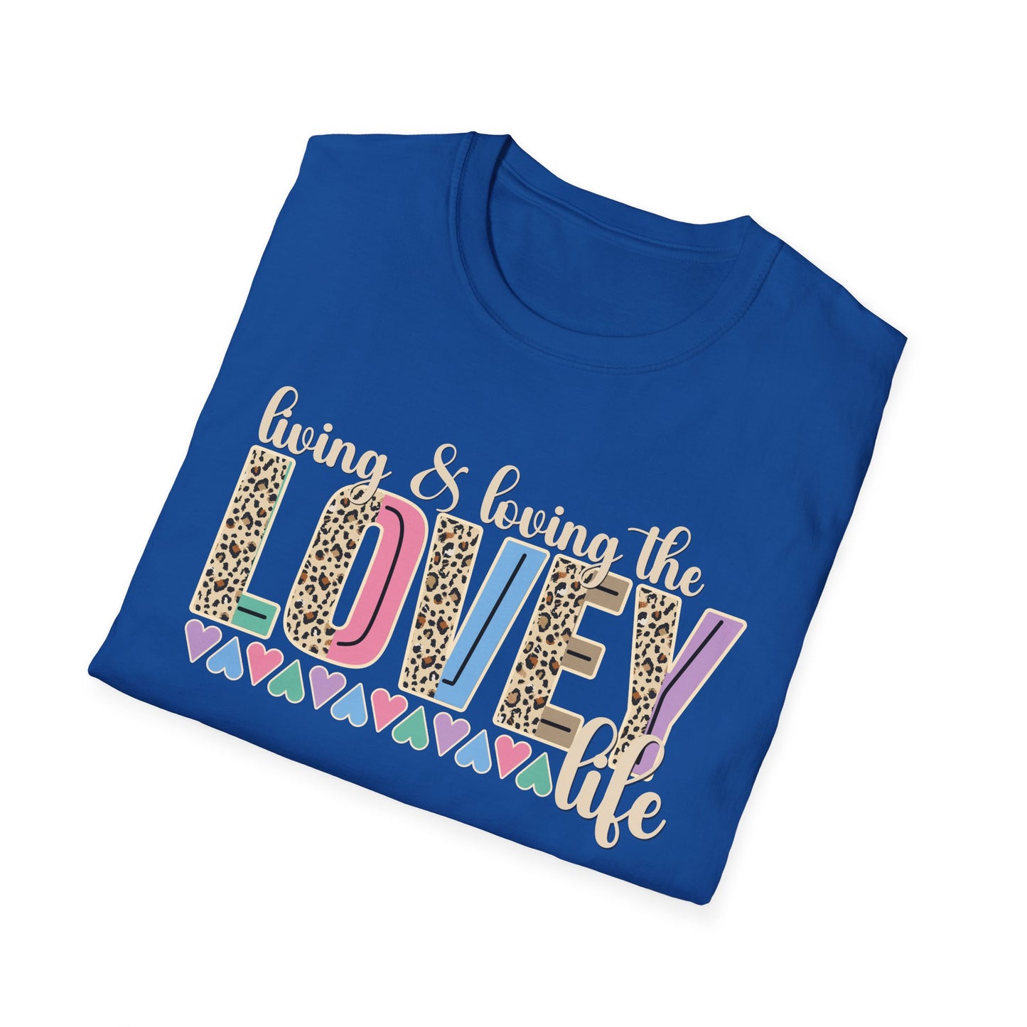 T-Shirt — Living the Lovey Life Graphic Tee (colorful leopard & pastel hearts)