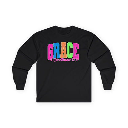 Grace 2 Corinthians 12:9 Long Sleeve Tee — Colorful Christian Faith Shirt