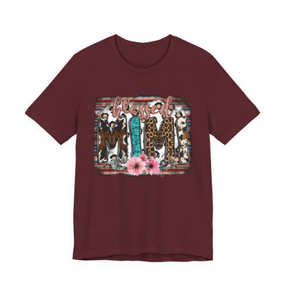 Mama Leopard & Western Floral T-Shirt — 'Mama' Graphic Tee with Cowhide, Turquoise & Pink Flowers