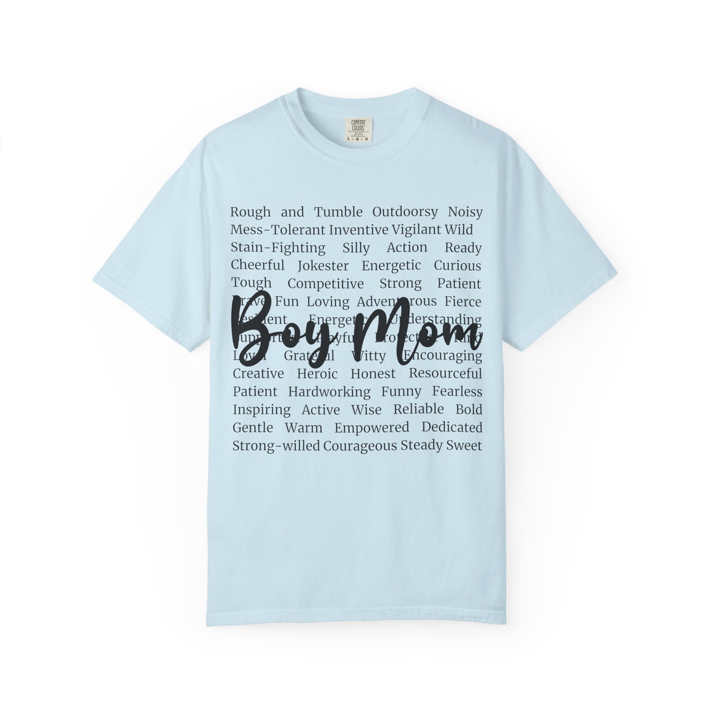 Boy Mom T‑Shirt — 'Boy Mom' Script over Positive Traits Tee COMFORT COLOR
