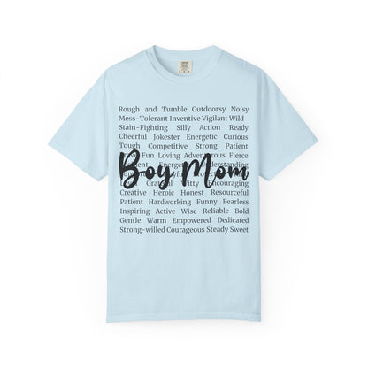 Boy Mom T‑Shirt — 'Boy Mom' Script over Positive Traits Tee COMFORT COLOR