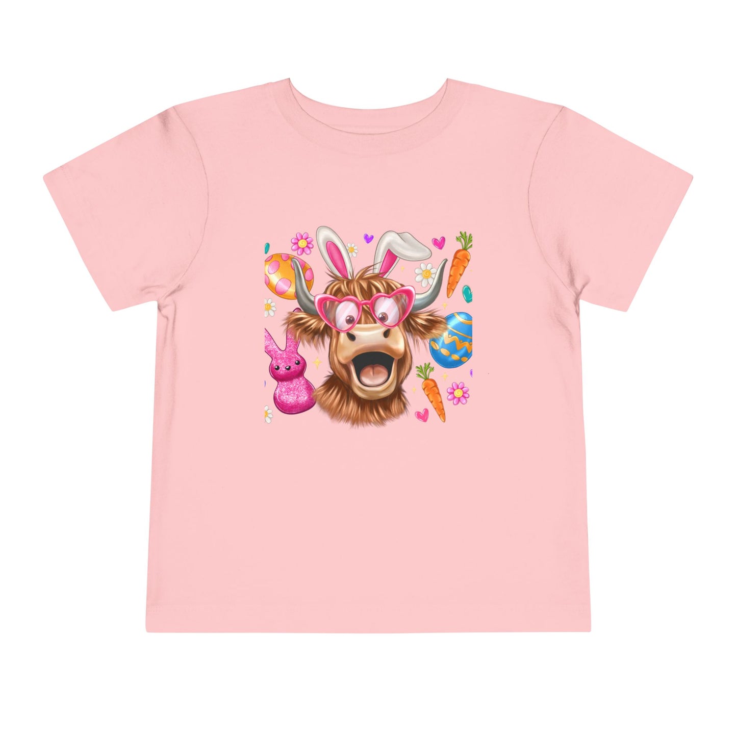 Easter Highland Cow Toddler Tee — Cute Bunny Ears & Colorful Eggs