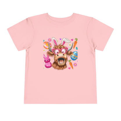 Easter Highland Cow Toddler Tee — Cute Bunny Ears & Colorful Eggs