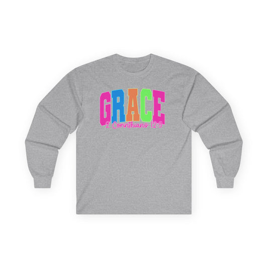 Grace 2 Corinthians 12:9 Long Sleeve Tee — Colorful Christian Faith Shirt