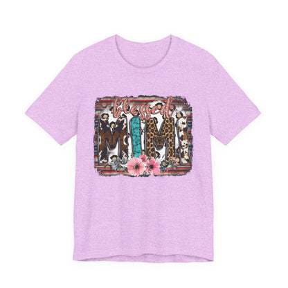 Mama Leopard & Western Floral T-Shirt — 'Mama' Graphic Tee with Cowhide, Turquoise & Pink Flowers