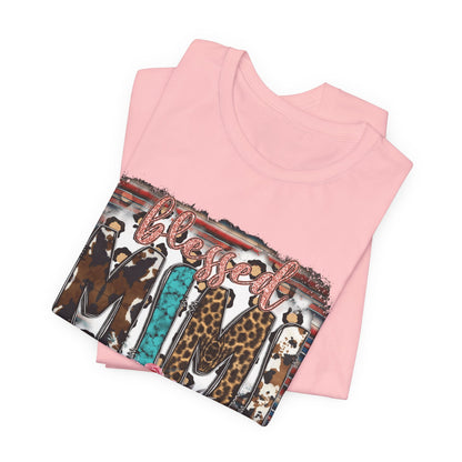 Mama Leopard & Western Floral T-Shirt — 'Mama' Graphic Tee with Cowhide, Turquoise & Pink Flowers