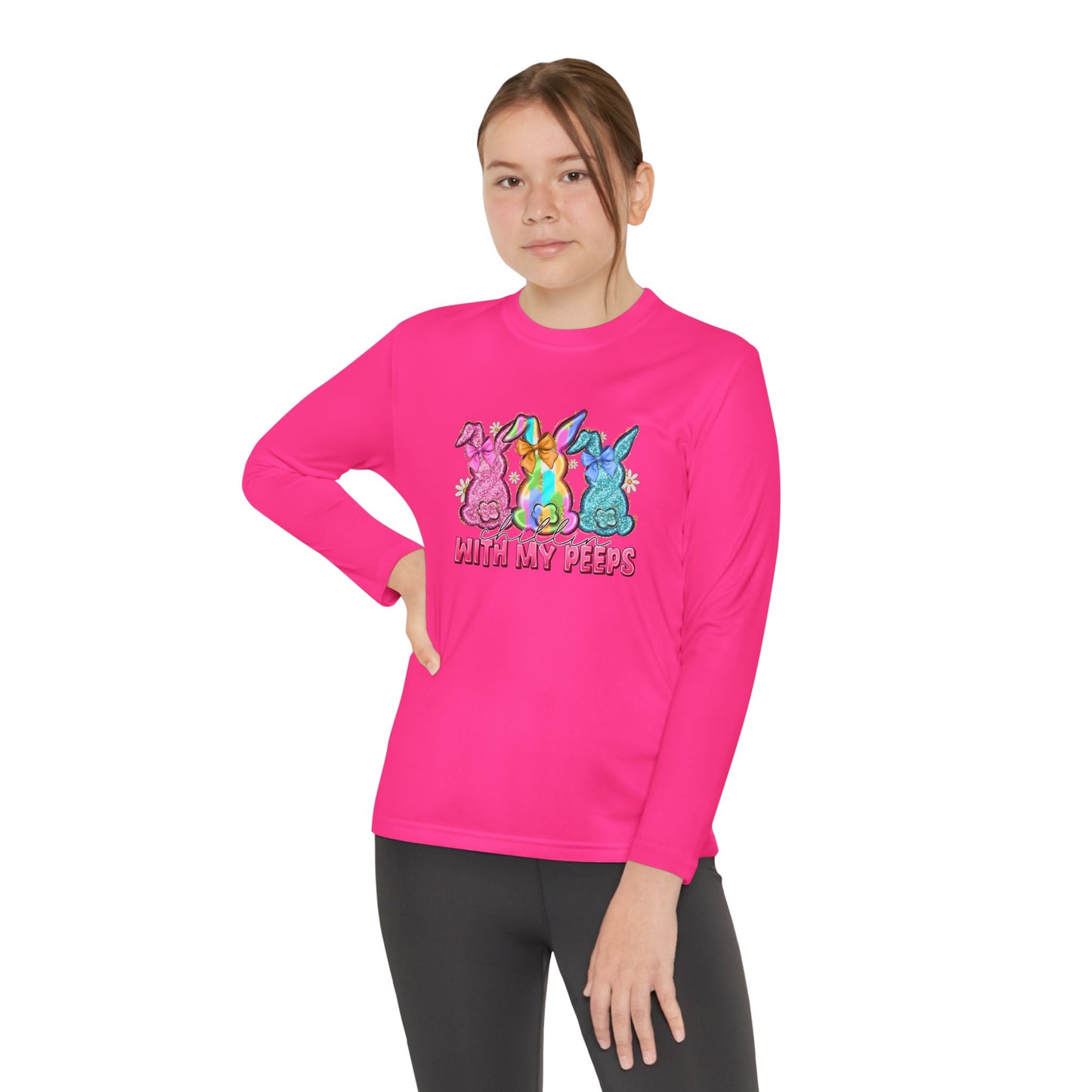 Youth Long Sleeve Tee — "With My Peeps" Colorful Easter Bunny Graphic