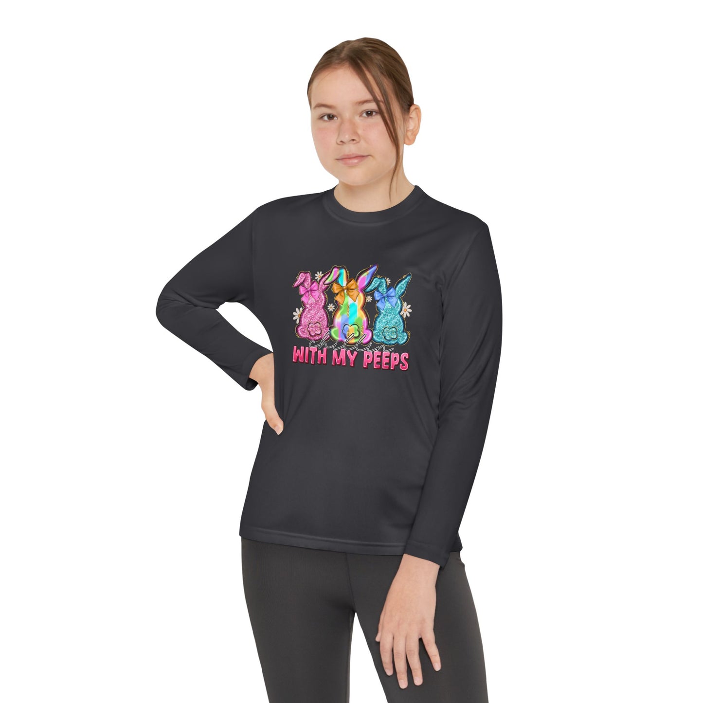 Youth Long Sleeve Tee — "With My Peeps" Colorful Easter Bunny Graphic