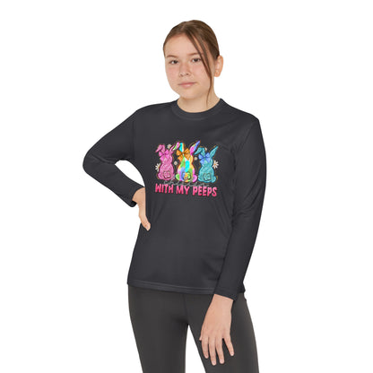Youth Long Sleeve Tee — "With My Peeps" Colorful Easter Bunny Graphic