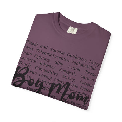 Boy Mom T‑Shirt — 'Boy Mom' Script over Positive Traits Tee COMFORT COLOR