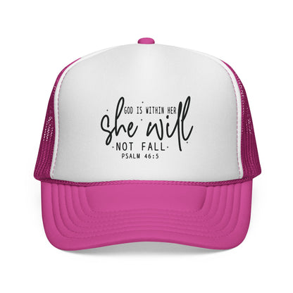 She Will Not Fail Trucker Cap – Psalm 46:5 Inspirational Christian Hat