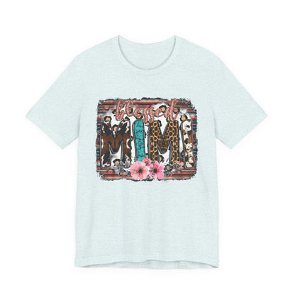 Mama Leopard & Western Floral T-Shirt — 'Mama' Graphic Tee with Cowhide, Turquoise & Pink Flowers