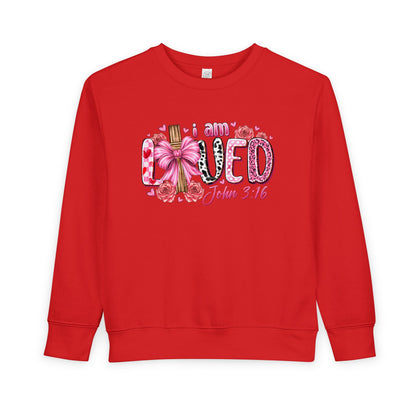 Toddler Sweatshirt - "I Am Loved" John 3:16 Pink Cross Faith Pullover