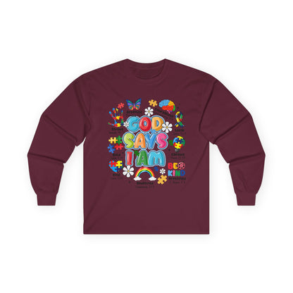 God Says I Am Long Sleeve Tee — Positive Christian Kids Faith Shirt