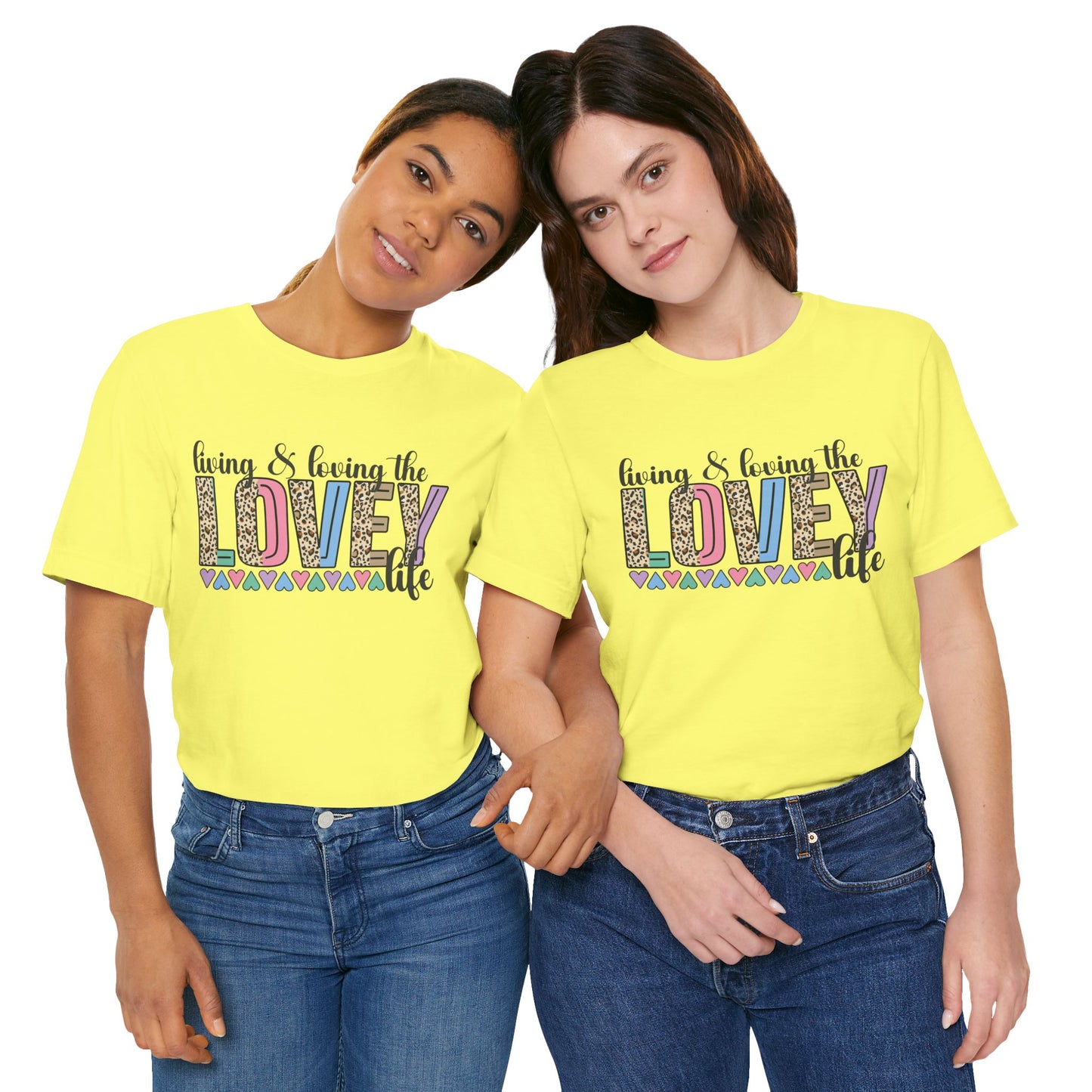 Living & Loving the LOVE Life T-Shirt — Colorful Leopard Print Hearts Tee